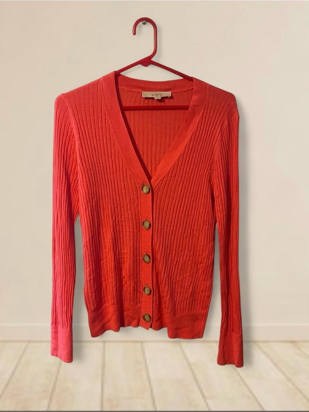 LOFT Coral Ribbed V-Neck Button Cardigan